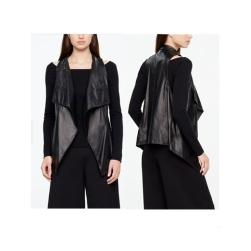 Sarah Pacini Black Lambskin Leather Sleeveless Jacket Vest Made in Italy Size 0